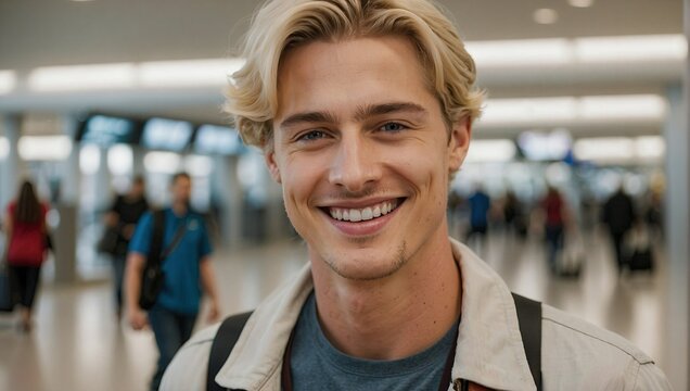 Happy blonde young man in a light jacket smiling in an airport with travelers and terminal in the blurred background.