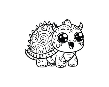 Cute Cartoon of monster turtle illustration for coloring book. outline line art. isolated white background