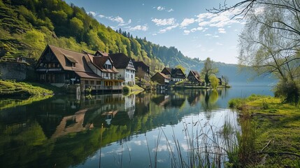 alpine village by the lake and mountains, reflection, spring, summer, peaceful, green