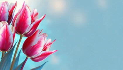 Piękne, różowe Tulipany na niebieskim tle z miejscem do wklejenia. Generative AI