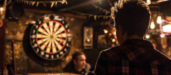 Pub game where young people throw darts at a target. - Powered by Adobe