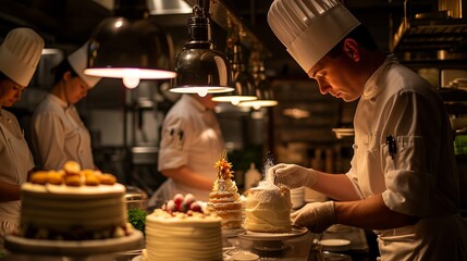 chef preparing the cake in the restaurant, finishing, pastry, cook, 