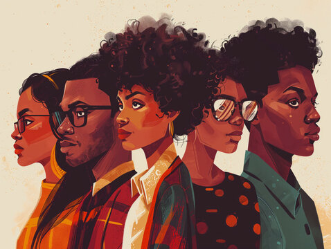 Black History Month colourful abstract illustration of Diverse representations of African-American across different fields