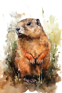 Groundhog looking out of his hole in the spring as a watercolor painting