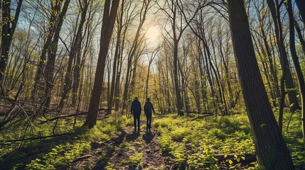 couple, two people walking in the green forrest at golden hour, in the spring, outdoor, calm, tranquility 