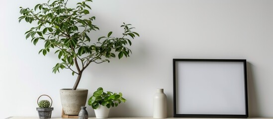 White background with a lovely green potted plant and an empty picture frame.