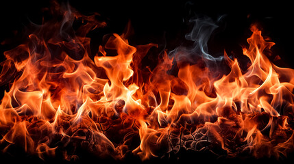 Fire flames isolated on black background. Realistic fire flames texture.