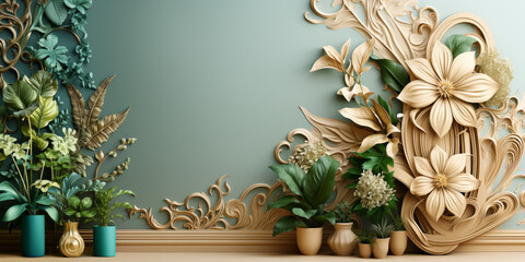 Background in green and beige tones with flowers and swirls