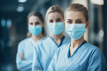 grupo de mujeres enfermeras portando mascarilla quirúrgica,  sobre fondo desenfocado de pasillo de hospital - obrazy, fototapety, plakaty