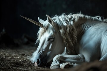 A photo of a rare white unicorn sleeping