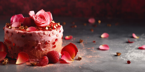 Delicious birthday cake with berries and rose petals on dark background - obrazy, fototapety, plakaty