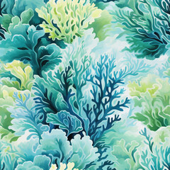 Seamless watercolor pattern with multicolored coral reef and sea weeds. Design for textile, wallpaper, wrapping paper, stationery. Poster for ocean-themed interior.