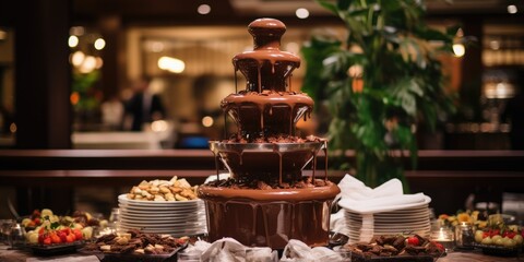Fototapeta na wymiar Chocolate fountain for a party, melted chocolate, dessert food concept