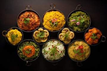 A variety of traditional Indian dishes are beautifully presented in this image, showcasing the rich colors and textures of the cuisine.