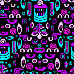 Fototapeta na wymiar Abstract graphic colored faces seamless pattern. Ancient Inca mask. hand drawing. Not AI . Vector illustration