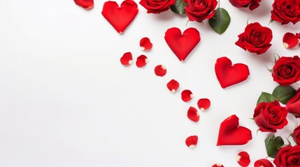 Red roses and heart petals arranged on a white backdrop, offering a top view perspective; suitable for postcards, romantic occasions, and Valentines Day celebrations.