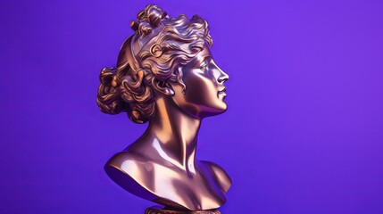 Antique bronze sculpture of a female figure against a vibrant purple backdrop, perfect for cultural and artistic representation.