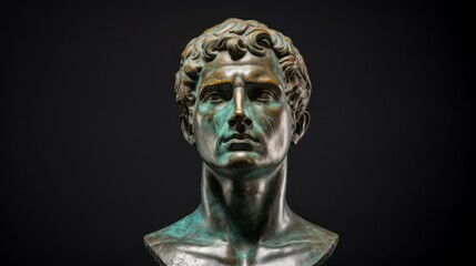 Bronze antique statue of a male head on a dark background. Perfect for cultural and artistic representation.