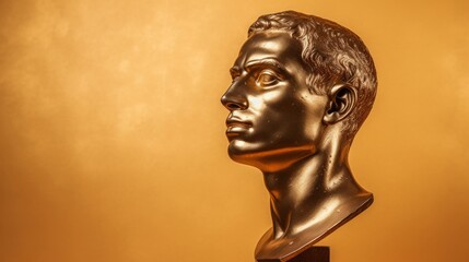 Bronze antique statue of a male head on golden solid background. Ideal for contemporary art projects. Banner with copy space