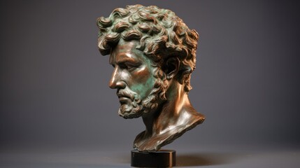 Bronze antique statue of a male head on dark background. Perfect for cultural and artistic representation.