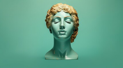 Gold green antique statue of a female head on a light green solid background. Ideal for contemporary art projects.