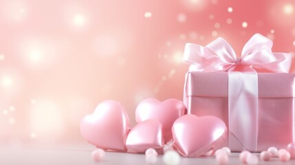 Pink gift box with a silky ribbon, surrounded by glossy heart shapes on sparkling pink background. Romantic atmosphere makes it perfect for Valentines or anniversary content. Banner with copy space.