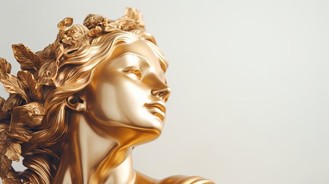 Gold antique statue of a female head on a light solid background. Ideal for contemporary art projects. Banner with copy space