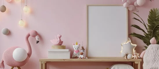 Fototapeten Child's bedroom decor featuring wooden floating shelf, empty picture frame, books, blank canvas poster, knitted flamingo, stuffed animals. Front view of home accents. © 2rogan