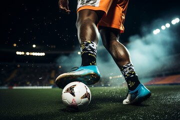 A skilled soccer star deftly maneuvers past defenders, showcasing the latest campaign slogan on his dynamic sportswear boots in this action-packed moment - obrazy, fototapety, plakaty