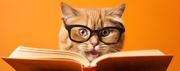Ginger tabby cat wearing glasses reading a book with open mouth on orange background. Strong emotions, shock, surprise. Pet animal character. Kitten study with book. Love read. New bestseller concept - obrazy, fototapety, plakaty