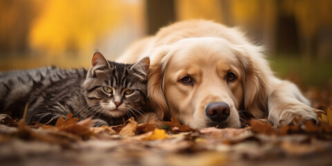 Cat and dog resting amidst fall foliage,Retrieving dogs and British short haired cats,Portrait of a tabby cat and a border collie sheepdog looking at the camera in front,generative AI
