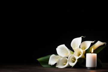 White Calla Lilies and Candles on Black Background with Copy Space. Sympathy Card