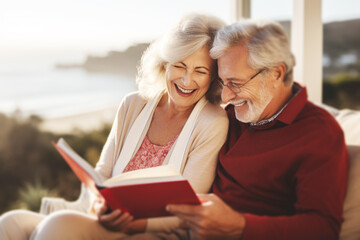 Elderly Smiling Couple Watching Photo Album Outside - obrazy, fototapety, plakaty