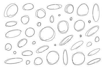 A set of hand drawn black line circle doodles, squiggles and swirl lines, png transparent background