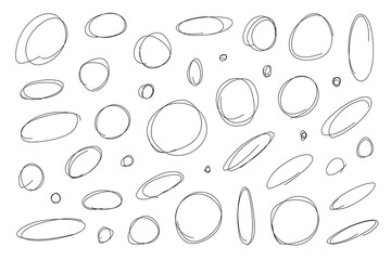 A set of hand drawn black line circle doodles, squiggles and swirl lines,