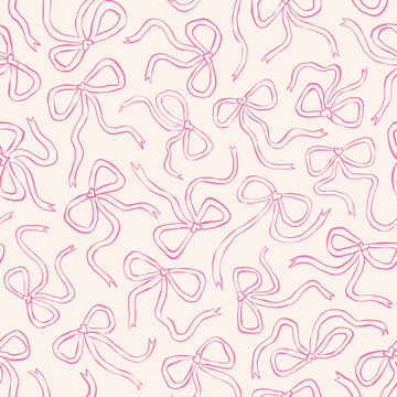 Patrón sin costuras de moños rosados en fondo neutro. Fondo minimalista de cintas en tendencia. Textura para papel de regalo, telas, diseños de redes sociales y papelería. Estilo coquette