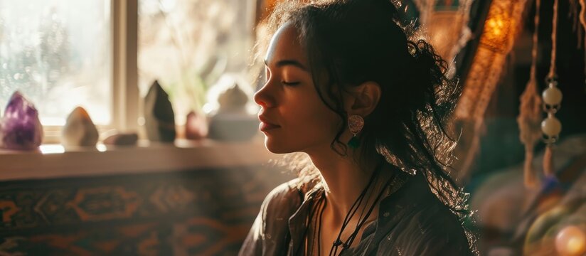 Close-up shot of young woman meditating with crystals in a decorated sunny room.