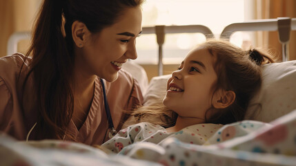 A woman is spendig quality time with her child laying a in hospital bed - obrazy, fototapety, plakaty