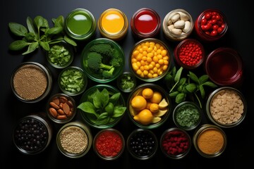 A healthy diet concept. Flat lay image of fresh vegetables, berries, beans, nuts and greens.