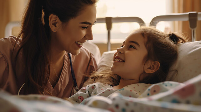 A woman is spendig quality time with her child laying a in hospital bed