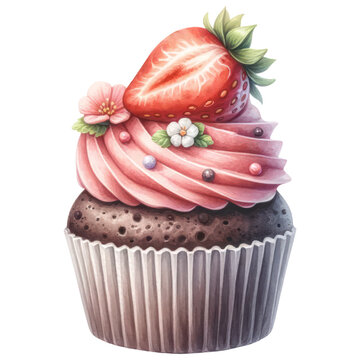 recommend clip art: Romantic Valentine Chocolate Cupcake Decorated with Strawberry and flowers, Watercolor, Isolated on Transparent Background. Generative AI