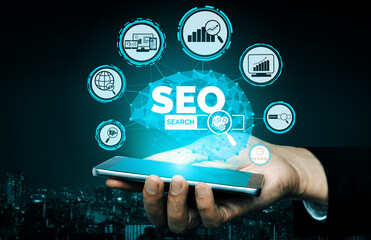SEO - Search Engine Optimization for Online Marketing Concept. Modern interface showing symbol of...