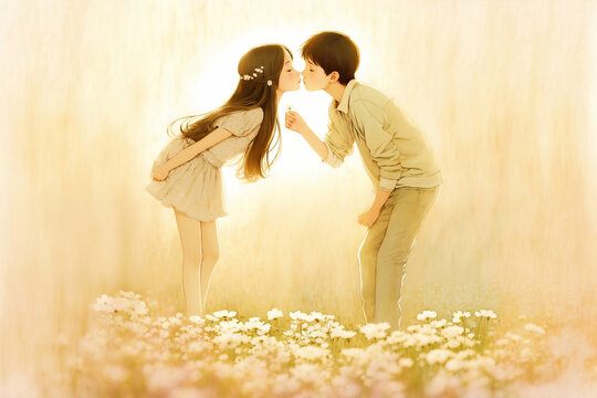 Blurred background, soft pastel art, boy and girl in romantic pure relationship bonding