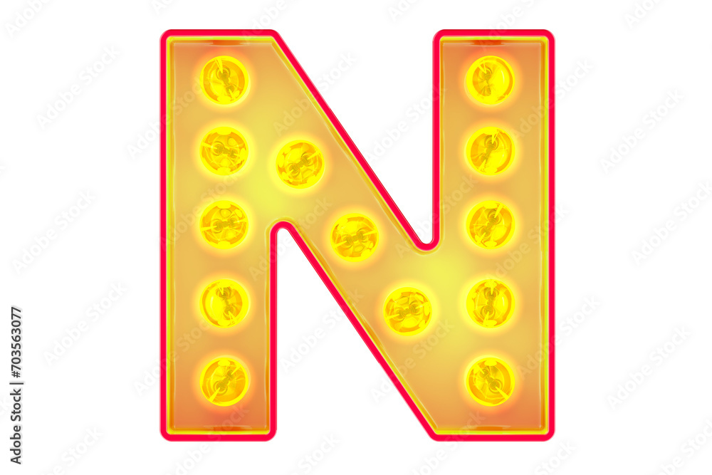 Fototapete light bulb letter n, glowing retro font. 3d rendering isolated on transparent background