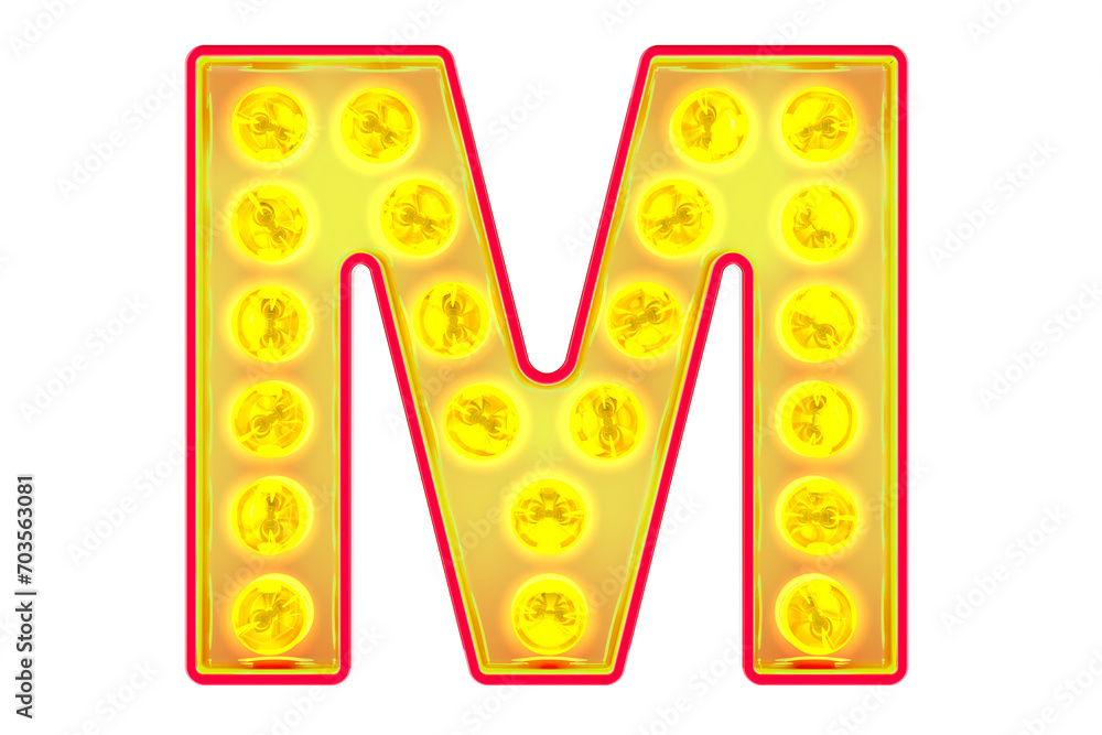 Poster light bulb letter m, glowing retro font. 3d rendering isolated on transparent background