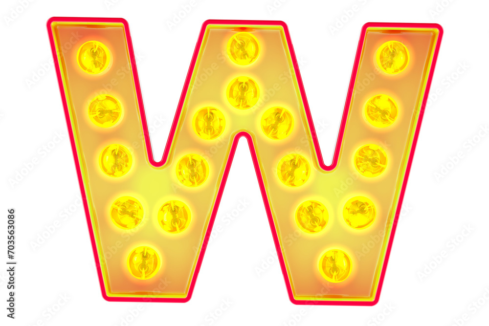 Poster light bulb letter w, glowing retro font. 3d rendering isolated on transparent background