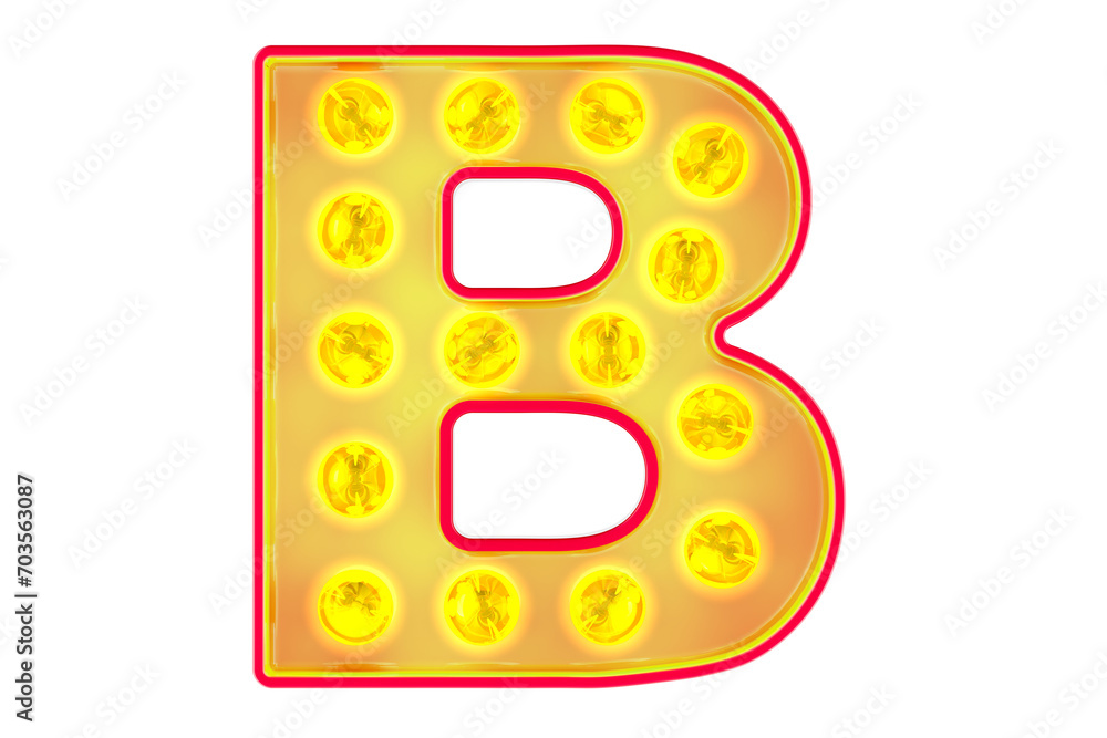 Poster light bulb letter b, glowing retro font. 3d rendering isolated on transparent background