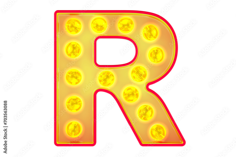 Fototapete light bulb letter r, glowing retro font. 3d rendering isolated on transparent background