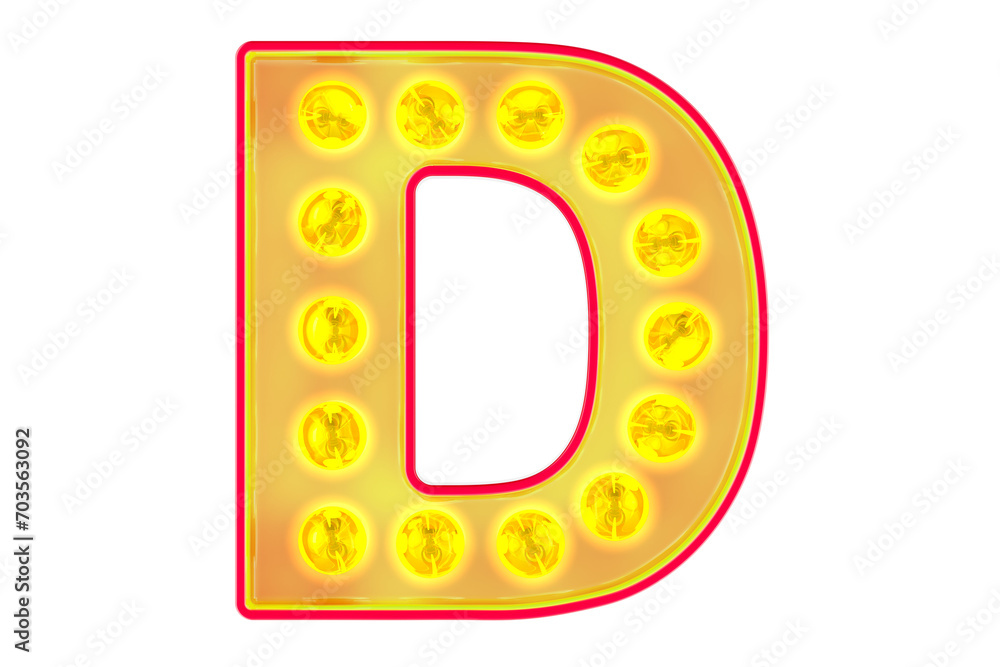 Poster light bulb letter d, glowing retro font. 3d rendering isolated on transparent background