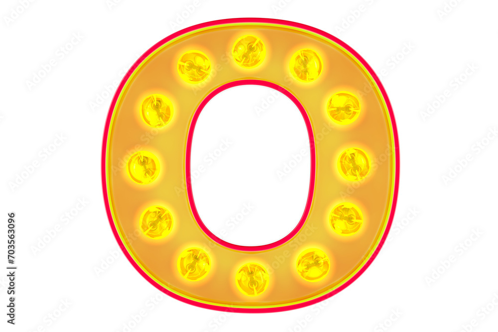 Poster light bulb letter o, glowing retro font. 3d rendering isolated on transparent background